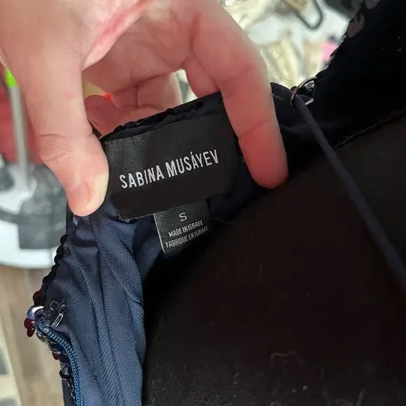 Sabina Musayev Navy Sapphire Open Lace Up Back Midi Lera Sequin Dress - Picture 9 of 9